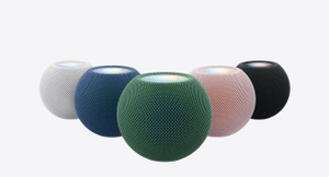 HomePod mini 2, dans ses cinq coloris : blanc, bleu foncé, vert foncé, rose pâle, minuit (noir)