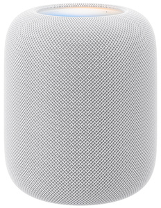 HomePod bianco, design cilindrico a dimensioni standard, esterno in tessuto traforato acustico, bagliore multicolore di Siri AI sulla parte superiore