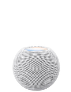 HomePod mini 2 bianco, design sferico compatto, esterno in tessuto traforato acustico, bagliore multicolore di Siri AI sulla parte superiore