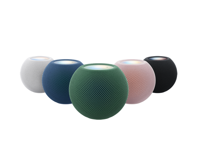 HomePod mini 2, nei cinque colori disponibili: bianco, blu scuro, verde scuro, rosa chiaro, mezzanotte (nero)