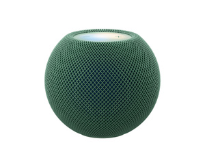 HomePod mini 2, coloris vert (vert foncé), face avant, design sphérique compact, tissu mesh acoustique sans couture. Face supérieure, surface tactile rétroéclairée plate, illumination multicolore