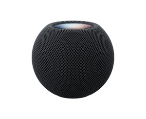 HomePod mini 2 i fargen midnatt (svart) vises forfra. Den har en kompakt globusform med sømløst akustisk nettingstoff. Flat berøringsflate vises ovenfra, den har flerfarget bakbelysning.