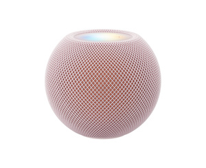 HomePod mini 2, pink color (light pink), front exterior, compact spherical design, seamless acoustic mesh fabric. Top exterior, flat backlit touch surface, multi-colored illumination