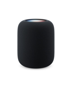 HomePod i midnatt (svart) sedd framifrån, med cylindrisk design och sömlöst akustiskt nät. Sedd uppifrån, platt bakbelyst pekyta, flerfärgad belysning