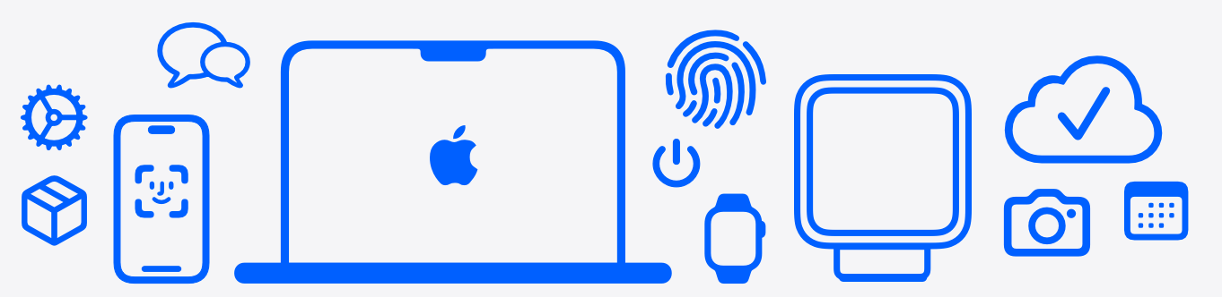 Apple devices and features, settings, shipping, messages, iPhone with Face ID, MacBook Pro, Touch ID, power button, Apple Watch, Apple HomeView, iCloud, camera, calendar