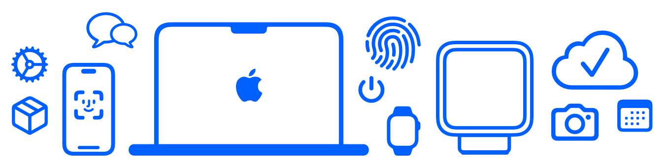 Apple devices and features, settings, shipping, messages, iPhone with Face ID, MacBook Pro, Touch ID, power button, Apple Watch, Apple HomeView, iCloud, camera, calendar