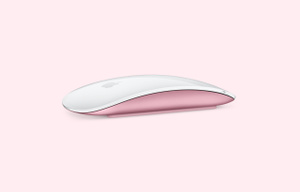 Magic Mouse, glossy white Multi-Touch surface, light pink side exterior, rounded corners, grey Apple logo