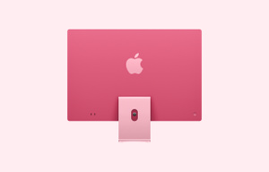 iMac, back exterior, dark pink color, centered light pink Apple logo, two Thunderbolt USB 4 ports, power socket, light pink stand