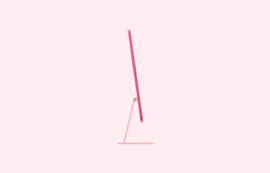 iMac, side exterior, dark pink color, thin display, headphone jack at bottom, light pink stand attached to back
