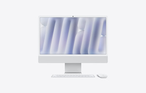 iMac, front exterior, silver color, white bezel surrounding display, centered front camera at top, silver border at bottom, paired with color-matched Magic Keyboard and Magic Mouse