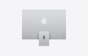 iMac, back exterior, silver color, centered light silver Apple logo, two Thunderbolt USB 4 ports, power socket, silver stand