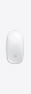 Magic Mouse, glossy white Multi-Touch surface, rounded corners, grey Apple logo