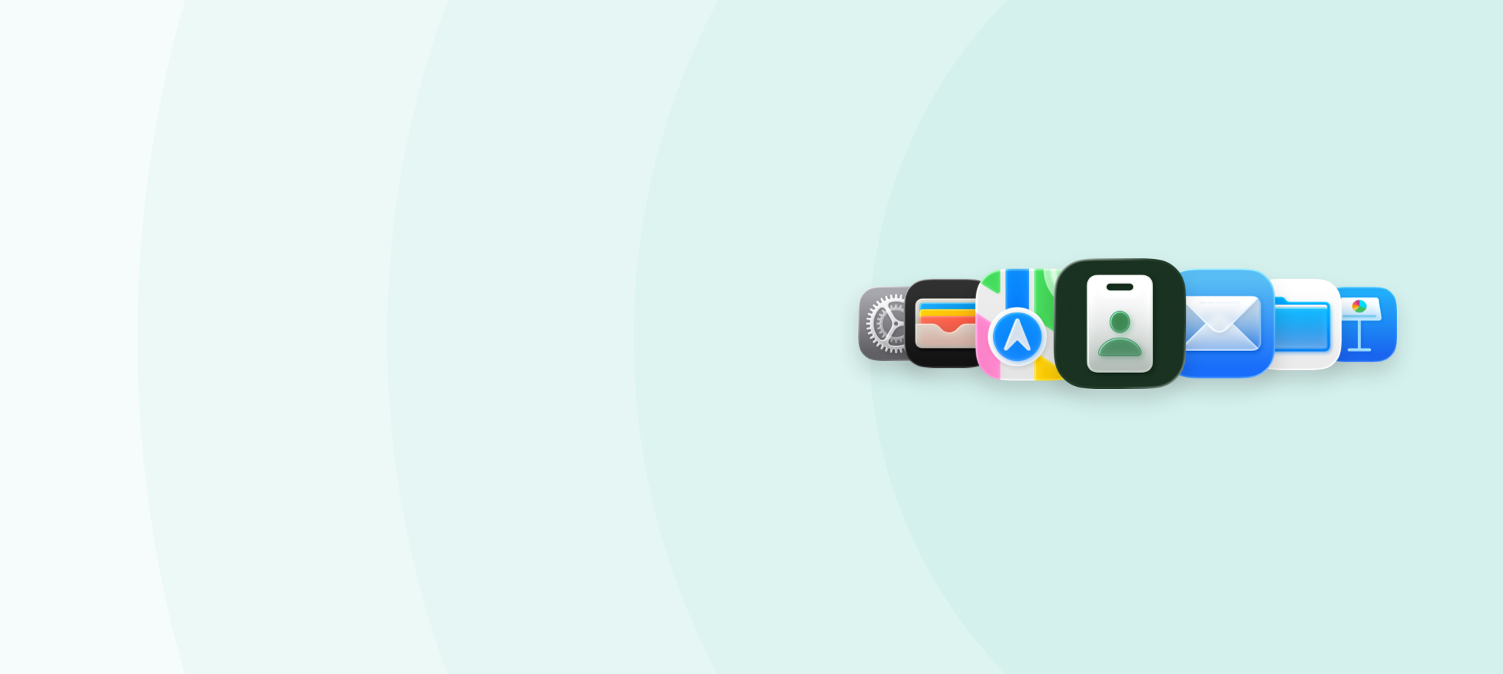 Large ID badge centred, Apple apps: Settings, Wallet, Maps, Mail, Files, Keynote