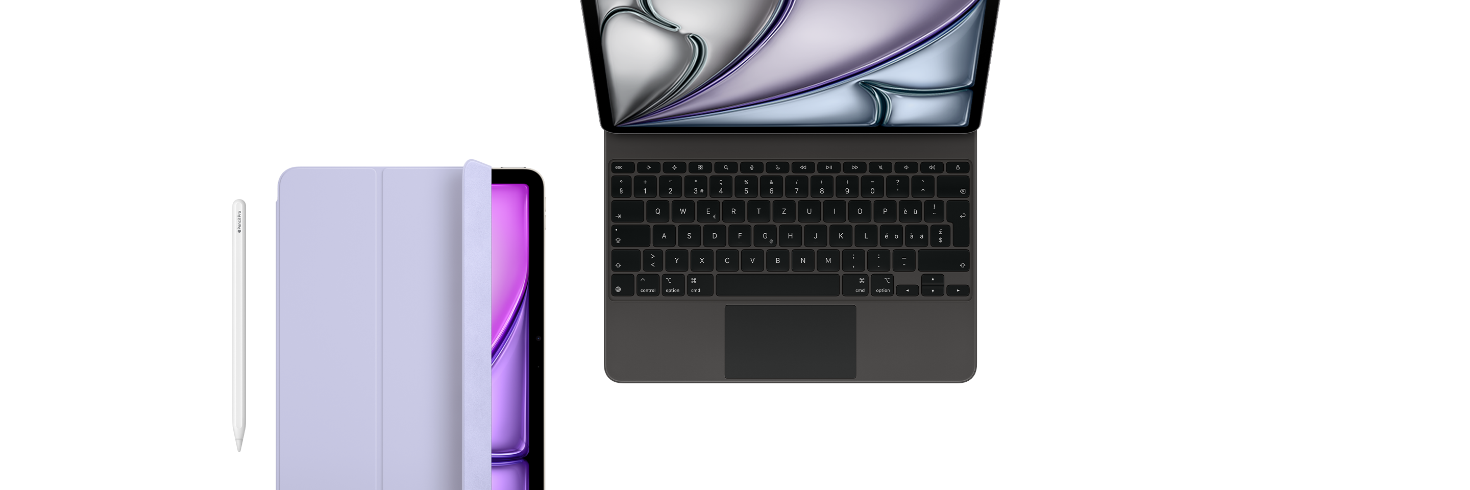 Apple Pencil Pro, iPad Air mit Smart Folio, Farbe Hellviolett, iPad Pro mit Magic Keyboard, Farbe Schwarz