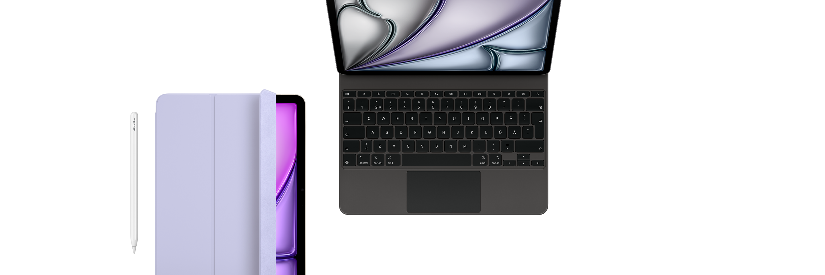 Apple Pencil Pro, iPad Air med Smart Folio i färgen ljusviolett, iPad Pro med svart Magic Keyboard