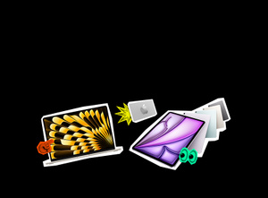 MacBook Air, iPad Air, and Apple Gift Card with multi-color Apple logo; stickers: red pointing finger, green eyes, yellow starburst