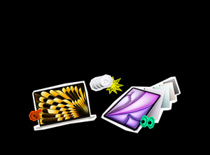 MacBook Air, iPad Air, and Apple Gift Card with multi-color Apple logo; stickers: red pointing finger, green eyes, yellow starburst