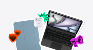 Back to School accessories: iPad Smart Folio, blue color; AirPods 4, white color, AirPods 4, wireless headphones inside; MacBook Air, open lid, midnight color; stickers: two orange hearts, green starburst, purple megaphone