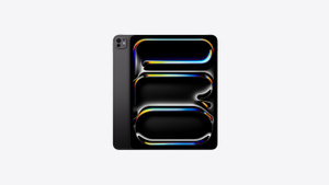 iPad Pro, Space Black finish, portrait orientation, back exterior, Pro camera system in top left, Wi-Fi and cellular antenna bands across top, black glossy Apple logo in centre