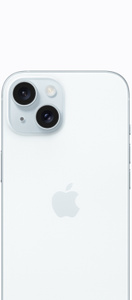 iPhone 15, Blue, back exterior, advanced dual-camera system, centred Apple logo
