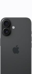 Parte posterior de un iPhone 16 negro con el sistema avanzado de dos cámaras y el logo de Apple en el centro