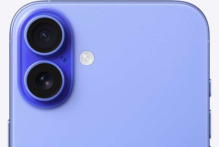 iPhone 16 Plus, Ultramarin, Rückseite, oben gerundete Ecken, fortschrittliches Zwei-Kamera-System, Blitz, Mikrofon