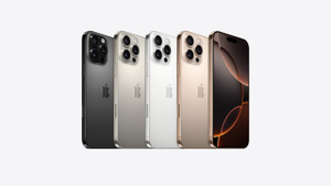 iPhone 16 Pro Max, all four finishes, Black Titanium, White Titanium, Natural Titanium, and Desert Titanium.