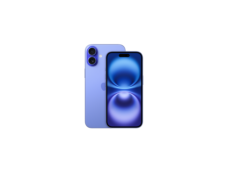 iPhone 16 Plus a iPhone 16 v ultramarínové, pohled zezadu, vyspělá dvojitá fotosoustava v levém horním rohu, logo Apple uprostřed, pohled zepředu, obrazovka přes celou přední stranu, Dynamic Island, tenký černý rámeček displeje