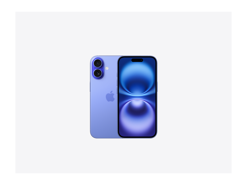 iPhone 16, ภายนอกด้านหลัง, สีน้ำเงินอัลตร้ามารีน (น้ำเงินอ่อน), ระบบกล้องคู่สุดล้ำที่ด้านบน, โลโก้ Apple อยู่ตรงกลาง, ภายนอกด้านหน้า, ดีไซน์แบบหน้าจอทั้งหมด, Dynamic Island ที่ด้านบนตรงกลาง