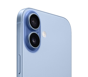 iPhone 17, hệ thống camera Dual Fusion ở góc trên cùng bên trái, 2 ống kính, hướng dọc, micrô, kính mặt ngoài trong suốt, đèn flash, màu xanh lam khói
