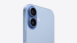 iPhone 17, Dual Fusion camera system, 2 lenses, vertical orientation, microphone, transparent housing, flash, mist blue color
