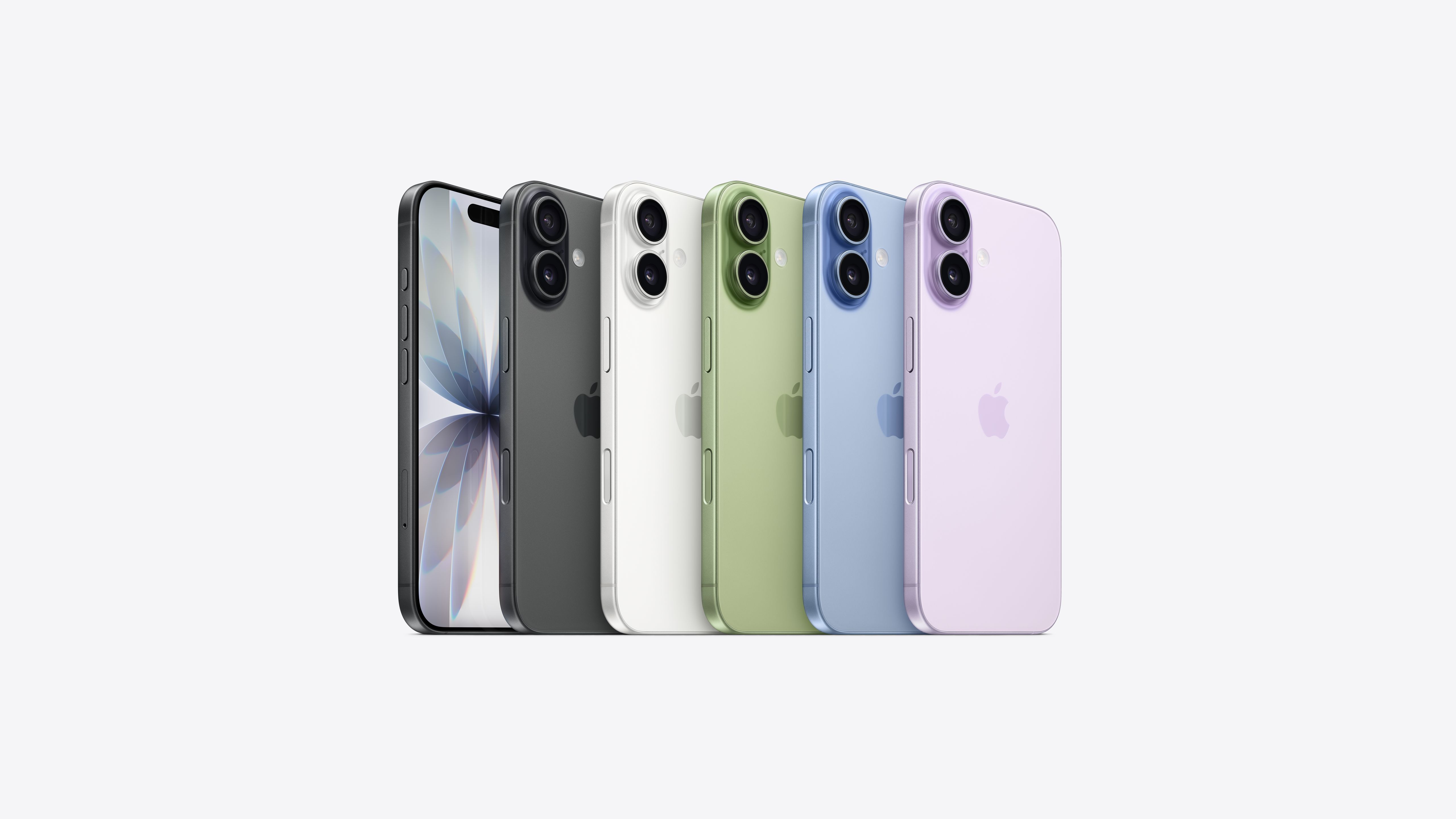 iPhone 17, tất cả năm màu: đen, trắng, xanh lá xô thơm, xanh lam khói, tím oải hương