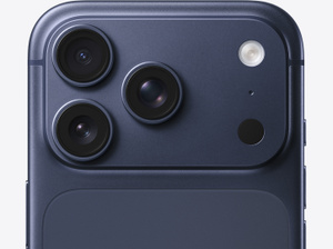 iPhone 17 Pro, back exterior, deep blue color, Pro Fusion camera system at top, 3 lenses, flash, microphone and LIDAR
