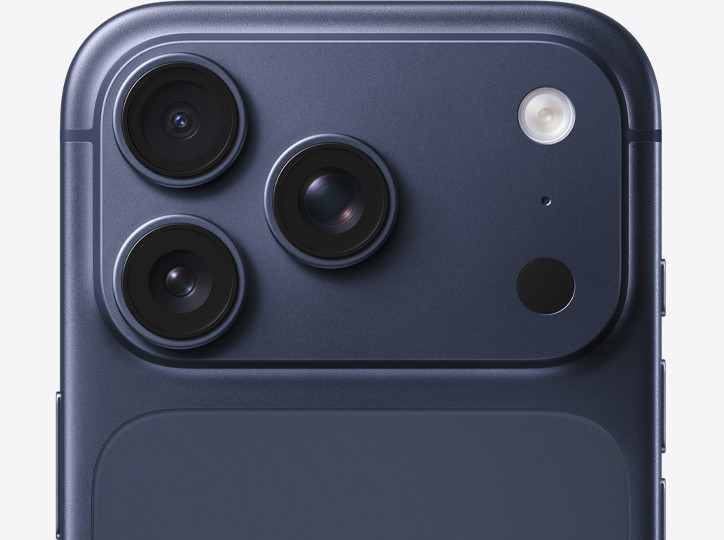 iPhone 17 Pro, back exterior, deep blue color, Pro camera system at top, 3 lenses, flash, microphone and LIDAR
