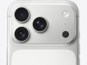 iPhone 17 Pro, back exterior, silver color, Pro Fusion camera system at top, 3 lenses, flash, microphone and LIDAR