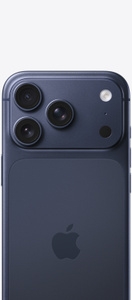 iPhone 17 Pro, back exterior, deep blue color, Pro Fusion camera system, centered Apple logo