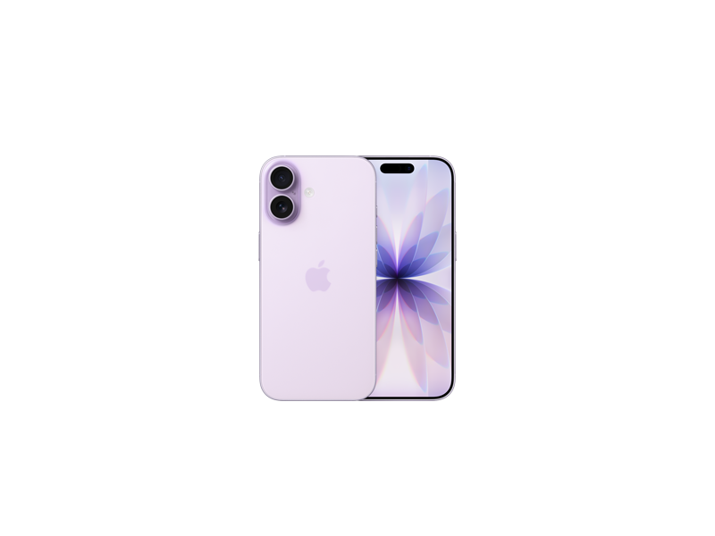 Levandulový iPhone 17, pohled zezadu, vyspělá dvojitá fotosoustava v levém horním rohu, logo Apple uprostřed, pohled zepředu, obrazovka přes celou přední stranu, Dynamic Island, tenký černý rámeček displeje