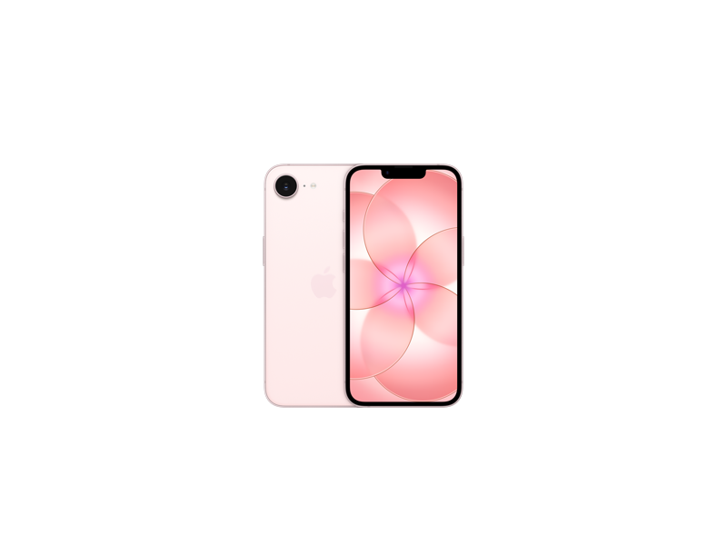 iPhone 17e, face arrière, coloris rose pastel, système caméra Fusion, logo Apple au centre, face avant, design tout écran, encoche avec caméra TrueDepth, contour fin de l’écran en noir, angles arrondis, côtés droits