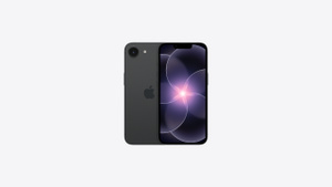 iPhone 17e, back exterior, black colour, Fusion camera system, Apple logo in centre, front exterior, all-screen design, notch with TrueDepth camera, thin black display border, rounded corners, straight sides