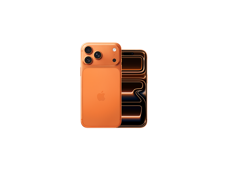 iPhone 17 Pro Max a iPhone 17 Pro v kosmicky oranžové, pohled zezadu, profesionální fotosoustava v levém horním rohu, logo Apple uprostřed, pohled zepředu, obrazovka přes celou přední stranu, Dynamic Island