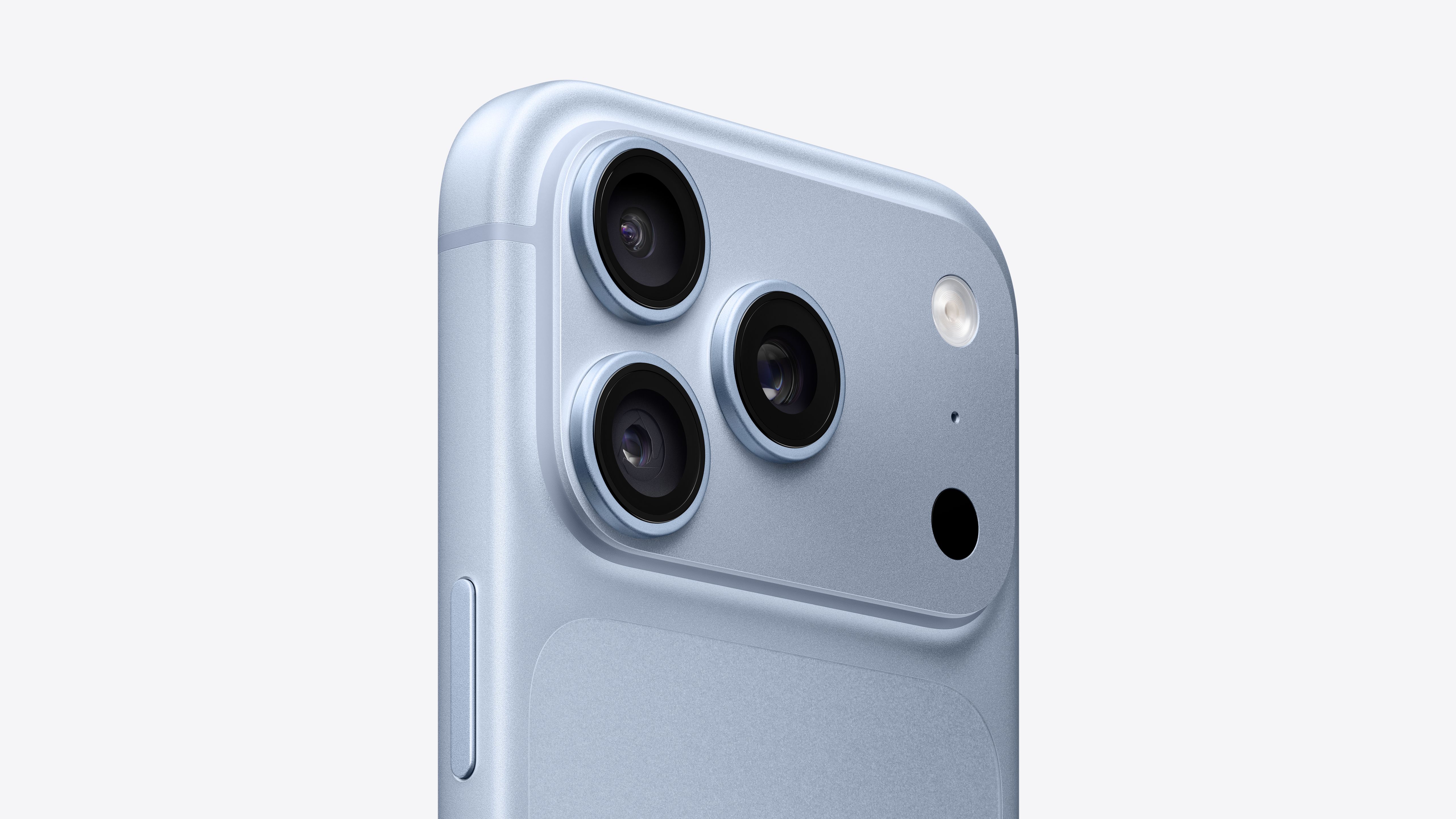 iPhone 18 Pro, back exterior, Pro Fusion camera system, rectangular housing spanning the top, 3 lenses on left, flash, microphone and LiDAR scanner on right, glacier colour (light blue)