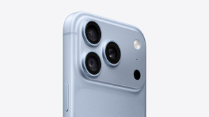 iPhone 18 Pro, back exterior, Pro Fusion camera system, rectangular housing spanning the top, 3 lenses on left, flash, microphone, and LiDAR Scanner on right, glacier color (light blue)