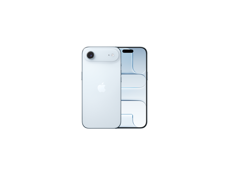 Blankytně modrý iPhone Air, pohled zezadu, vyspělá dvojitá fotosoustava v levém horním rohu, logo Apple uprostřed, pohled zepředu, obrazovka přes celou přední stranu, tenký černý rámeček displeje