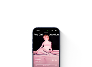 iPhone 屏幕显示 Apple Music app，展示全屏封面和播放控制项。