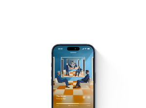iPhone, app Apple Music à l’écran, visuel de l’album en plein écran, commandes de lecture