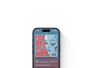 iPhone, Apple Music app on screen, full-screen album artwork, playback controls