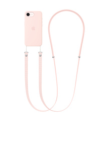 Crossbodykoord, kleur zachtroze, bevestigd aan bijpassend siliconenhoesje met MagSafe voor iPhone 17e, kleur zachtroze, bevestigd linksonder en rechtsonder