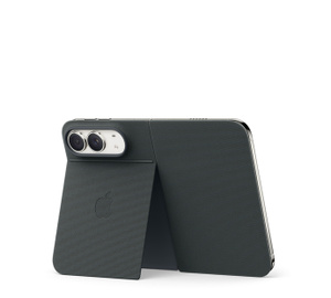 iPhone Duo Folio with Kickstand in navy blue color, landscape orientation, fully unfolded, back exterior, kickstand extended with centered Apple logo, iPhone Duo in star white color visible through camera cutout