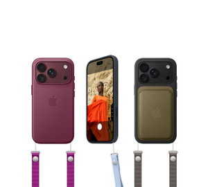 iPhone accessories: Crossbody Strap in magenta color (medium purplish-red) attached at bottom of iPhone 18 Pro TechWoven Case in burgundy color (dark red), iPhone 18 Pro in matching color visible through case cutout. Wrist Strap in crisp blue color (light blue), attached at bottom right of iPhone 18 Pro Silicone Case in navy blue color, iPhone 18 Pro front exterior visible