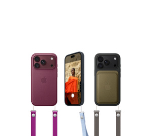 iPhone-kiegészítők: magenta (közepesen liláspiros) Crossbody pánt egy burgundi (sötétpiros) iPhone 18 Pro TechWoven-szövettok alján, a tok kivágásán keresztül látszik a színben hozzá illő iPhone 18 Pro. Búzavirágkék (világoskék) csuklószíj egy tengerészkék iPhone 18 Pro-szilikontok alján, az iPhone 18 Pro elölnézetből látszik